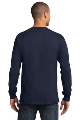 A man wearing a navy long sleeve t-shirt, viewed from the back. The shirt features a logo.