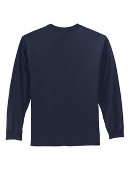 A navy long sleeve t-shirt featuring a plain back and a logo on the neckline.