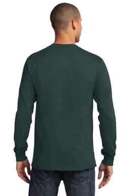 A man wearing a long sleeve essential tee in dark green, viewed from the back, showcasing the shirt's design.
