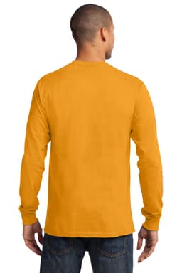A man wearing a long sleeve essential tee in a vibrant mustard yellow colour, viewed from the back.