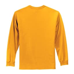 A long sleeve essential tee in a vibrant mustard yellow colour, featuring a plain back design and a logo.