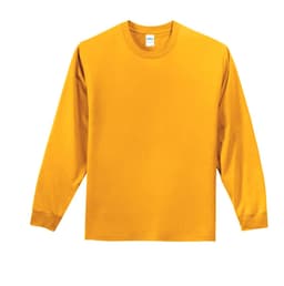 A long sleeve essential tee in vibrant yellow with a plain design and logo on the label.