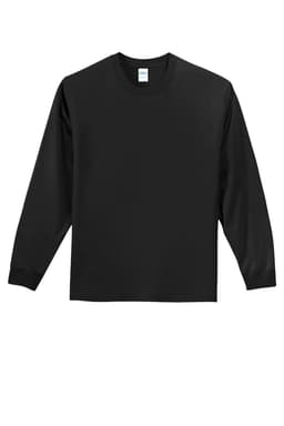 A black long sleeve essential tee with a crew neckline and a logo on the label.