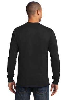 A black long sleeve essential tee displayed from the back, featuring a simple design and a logo.
