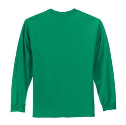 A green long sleeve essential tee featuring a plain back design and a branded label.