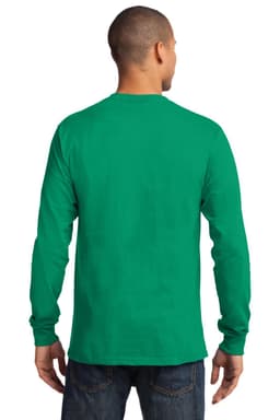 A long-sleeve tee in vibrant green, viewed from the back, featuring a branding logo.