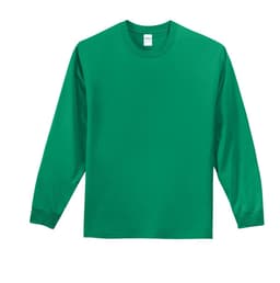 A green long sleeve essential tee with a crew neck and a logo on the tag.