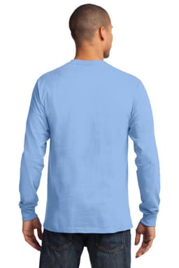 A man wearing a long-sleeve essential tee in light blue, viewed from the back. The shirt has a logo on it.