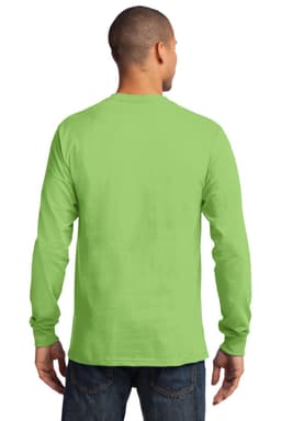 A man wearing a long sleeve essential tee in bright green, viewed from the back. The shirt features a logo.