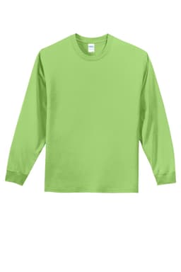 A long sleeve essential tee in bright green, featuring a rounded neckline and a logo on the label.