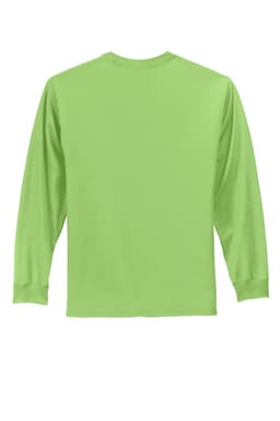 A long sleeve essential tee in bright green with a plain back and fitted sleeves. It features a logo.