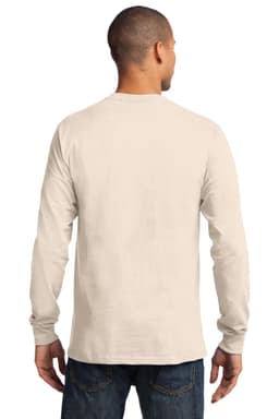 A man wearing a long sleeve essential tee in a light beige colour, viewed from the back. The shirt has a logo.