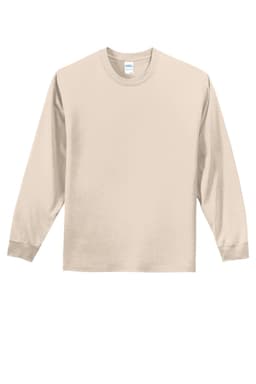 A light beige long sleeve essential tee with a simple design and a tag visible at the neckline.