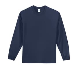 A long sleeve essential tee in navy blue, featuring a logo on the neckline. Simple and versatile design.