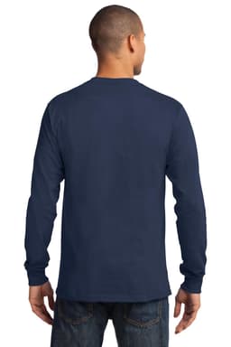 A man wearing a navy long sleeve essential tee, viewed from the back. The shirt features a logo.