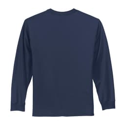 A navy long sleeve t-shirt featuring a plain back and fitted cuffs, made from comfortable fabric.