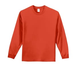 A long sleeve essential tee in vibrant red, featuring a logo on the front and cuffed sleeves.
