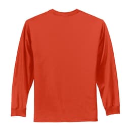 A red long sleeve essential tee with a straight back design. It features a logo on the back.