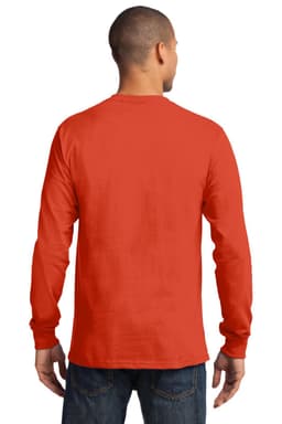 A long sleeve essential tee in bright red, featuring a simple back design and a logo.