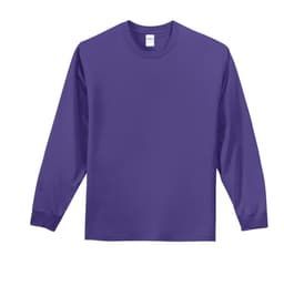 A purple long sleeve essential tee with a crew neck and a logo on the label. Suitable for casual wear.