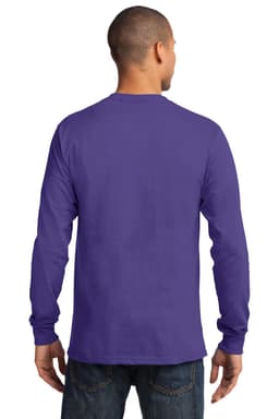 A man wearing a long sleeve essential tee in purple, featuring a plain back and casual fit.