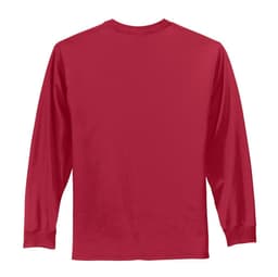 A long sleeve essential tee in a vibrant red colour, featuring a plain back design and a brand logo.