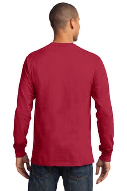 A long sleeve essential tee in red, viewed from the back, with a logo on the garment.