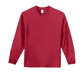 A red long sleeve essential tee made from soft fabric, featuring a simple design and a logo on the label.