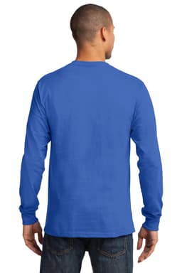 A person wearing a long sleeve essential tee in bright blue, viewed from the back. The shirt has a logo.
