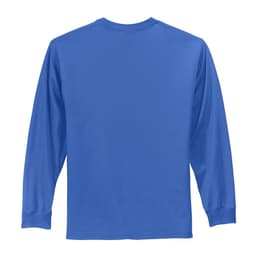 A long sleeve essential tee in blue, featuring a comfortable fit and a logo on the back.