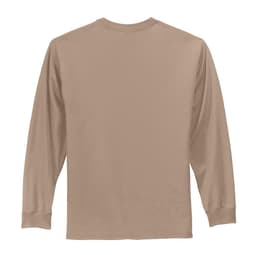 A long sleeve essential tee in a light beige colour, featuring a plain back and a logo.