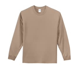 A long-sleeve essential tee in a light beige colour, featuring a logo on the chest.