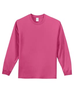 A long sleeve essential tee in vibrant pink, featuring a simple design and a brand logo.