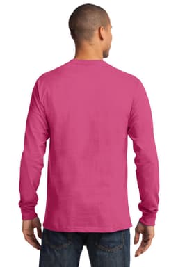 A long-sleeve essential tee in a vibrant pink colour, featuring a logo on the back.