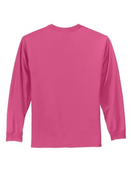 A long sleeve T-shirt in vibrant pink, featuring a classic design with a back view. It includes a logo.