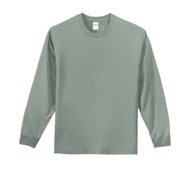 A long sleeve essential tee in a muted green colour with a brand logo on the label.