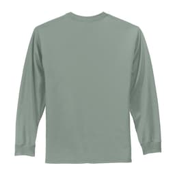 A long sleeve essential tee in a muted green colour, featuring a plain back with a logo.