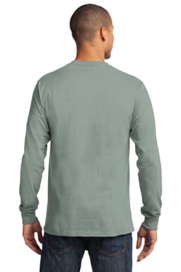 A long sleeve essential tee in muted green, featuring a logo, displayed on a model from the back.