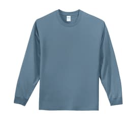 A long sleeve essential tee in a muted blue colour, featuring a simple design and a branded tag.