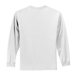 A long sleeve essential tee in white, featuring a simple design and a logo on the back.