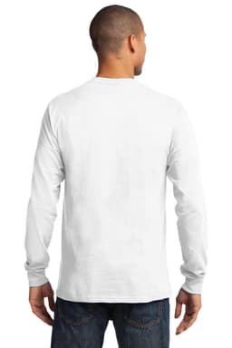A long sleeve essential tee in white, featuring a simple design and a logo on the back.