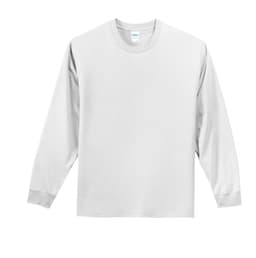 A long sleeve essential tee in light grey, featuring a crew neck and a logo on the label.