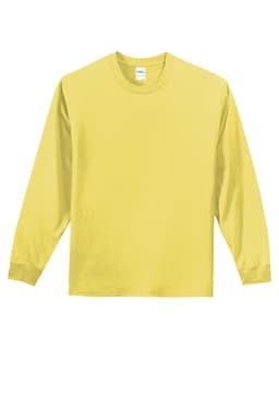 A long sleeve essential tee in a bright yellow colour with a logo on the label.