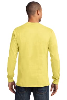 A man wearing a bright yellow long sleeve essential tee, viewed from the back. The shirt has a logo.