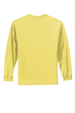 A long sleeve essential tee in a vibrant yellow colour, featuring a plain back design and a logo.