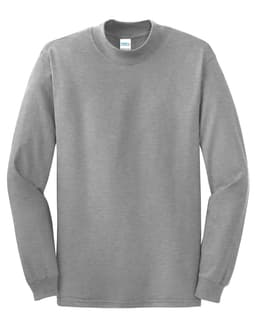 A grey long-sleeve mock turtleneck shirt with a simple design and branding.