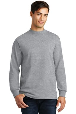 A grey mock turtleneck shirt with long sleeves, featuring a logo on the front.