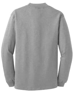 A grey mock turtleneck shirt with long sleeves, featuring a simple design and a branded label.