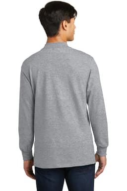 A plain grey mock turtleneck shirt with long sleeves, featuring a logo on the back.
