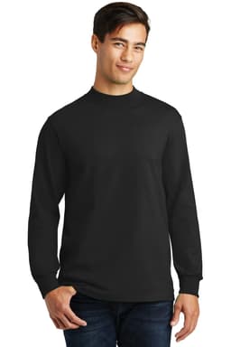 A man wearing a black mock turtleneck shirt, featuring long sleeves and a simple design.